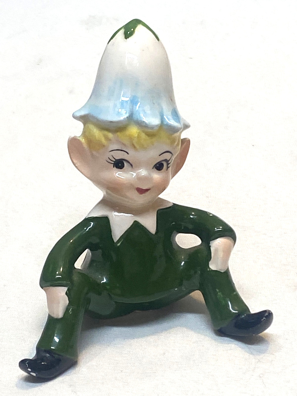 Vintage 1950s Ceramic Pixie Elf Green Suit w/Pink Flower Hat Figurine Japan 4"